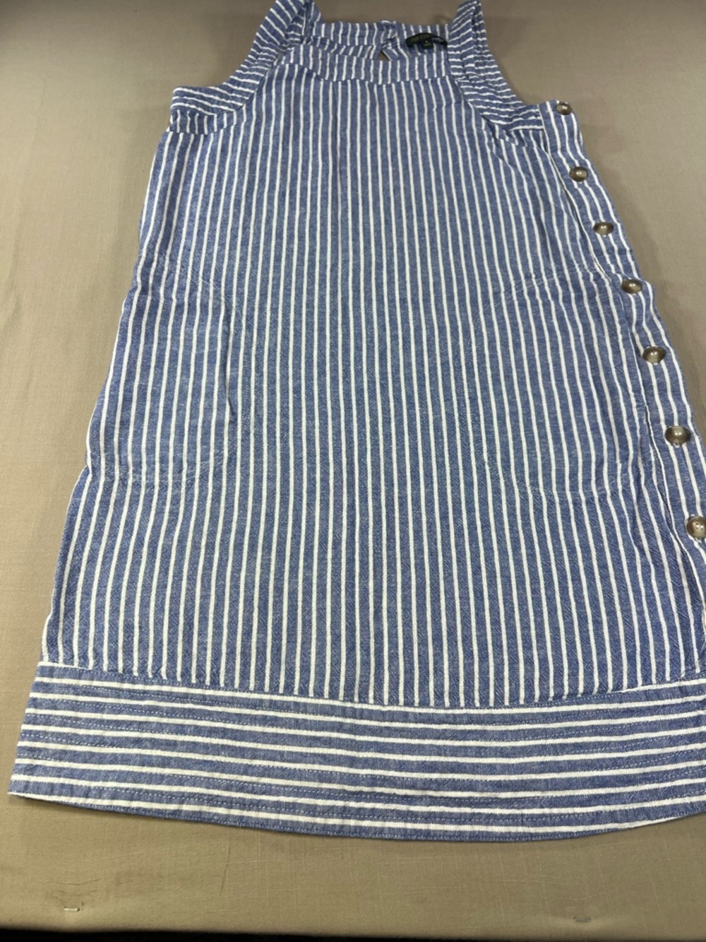 For Cynthia Women’s Blue White Stripe Linen Sleeveless Shift Dress Side Buttons - Picture 10 of 16